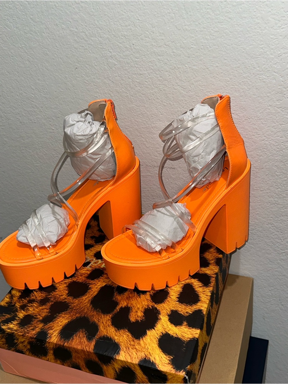 Bold Orange Platform Block Heel Sandals with Clear Straps